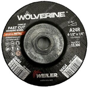 Lot Of 10 WEILER 56464 Wolverine Grinding Wheel 4 1/2", 1/4" Thick 7/8" Arbor 24